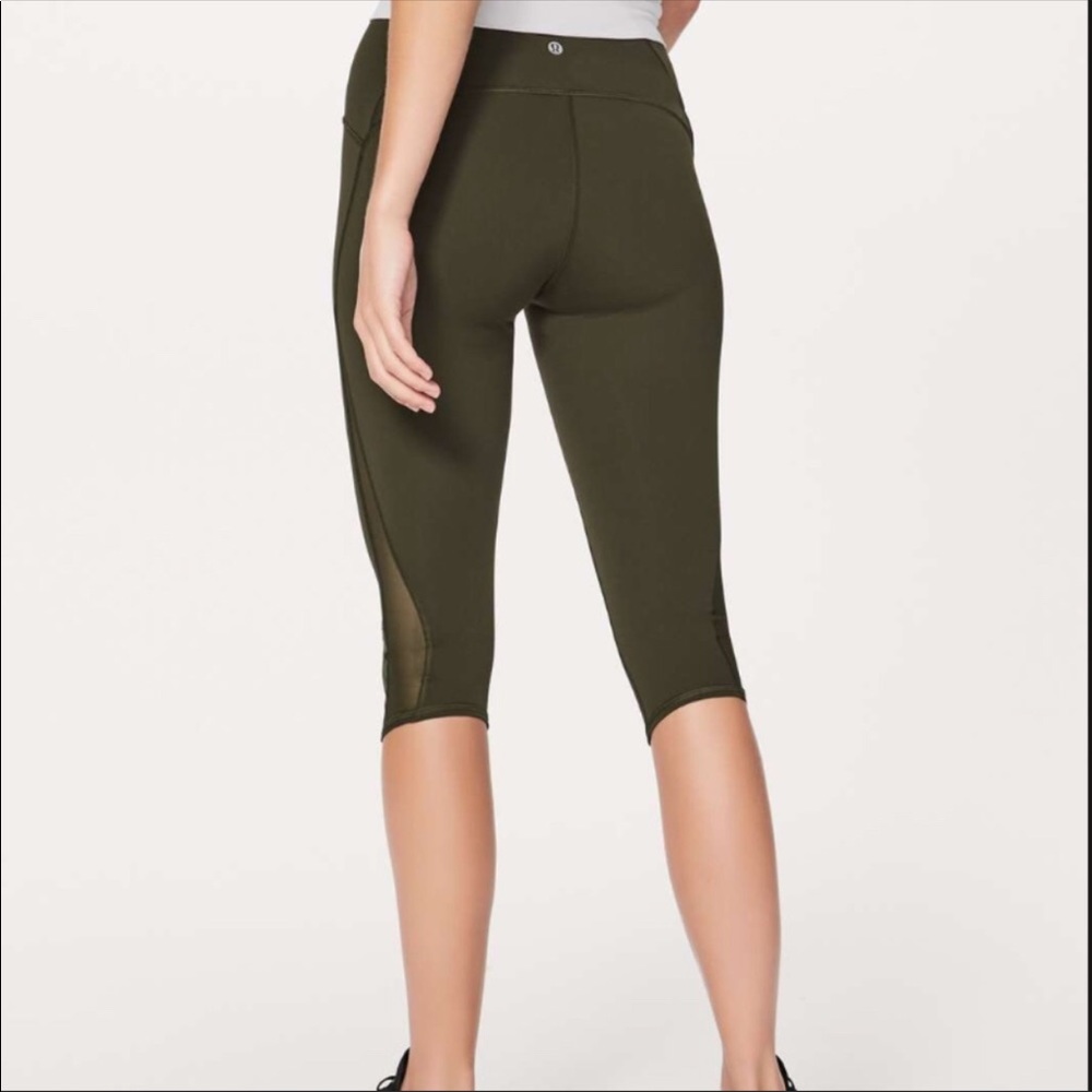 Lululemon cropped olive green leggings, mesh panel